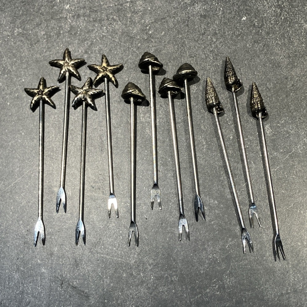 Pier 1 Silver Tone Seashells Cheese Hors D'oeuvre Appetizer Forks Picks Holder
